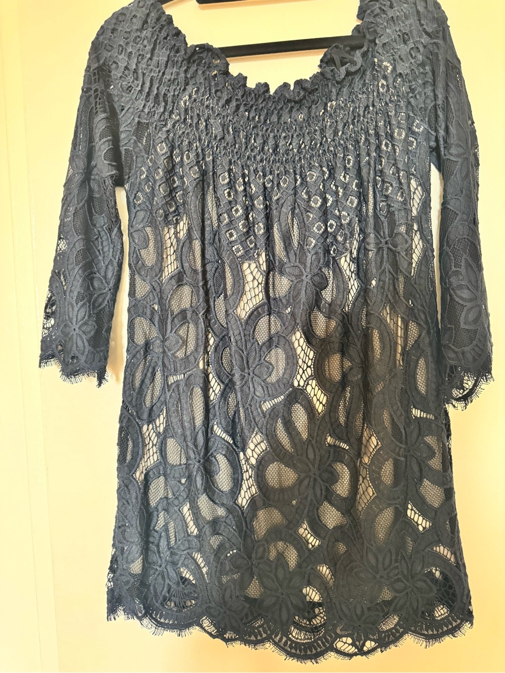 Women's Navy Lace Smocked-Yoke Tunic